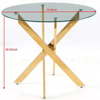 Elegante tavolo da pranzo dorato con ripiano in vetro e gambe incrociate