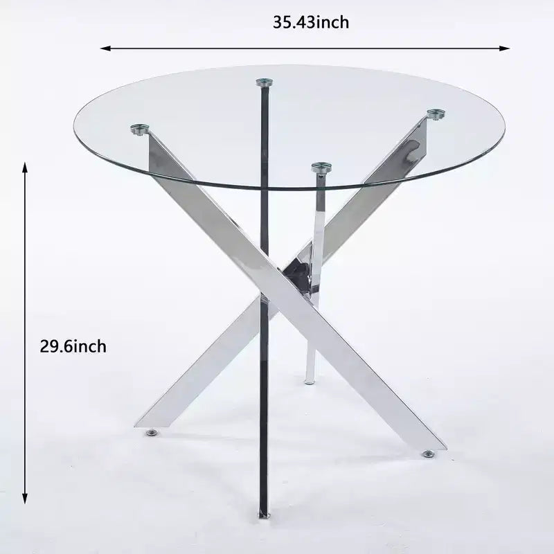 Elegante tavolo da pranzo dorato con ripiano in vetro e gambe incrociate