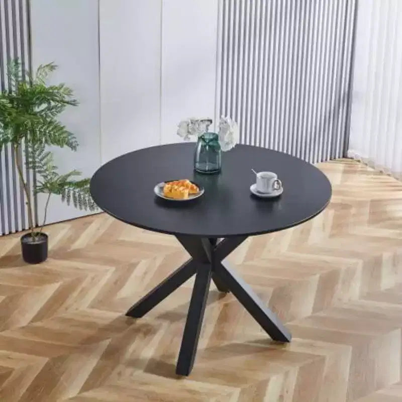Tavolo da Pranzo a Gambe Incrociate di Metà Secolo per 4-6 Persone, Piano Rotondo in MDF con Base a Colonna