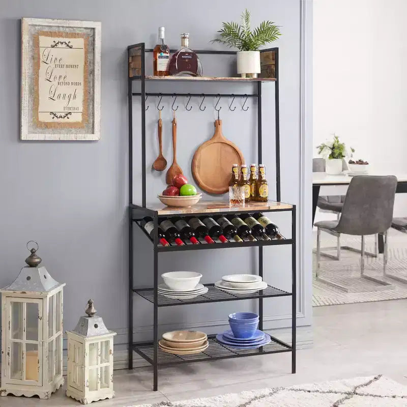 Kings Brand Furniture Lindsay Scaffale da Forno con Piastrelle Rosse e Portabottiglie da 9 Bottiglie e 8 Ganci - Organizer da Cucina