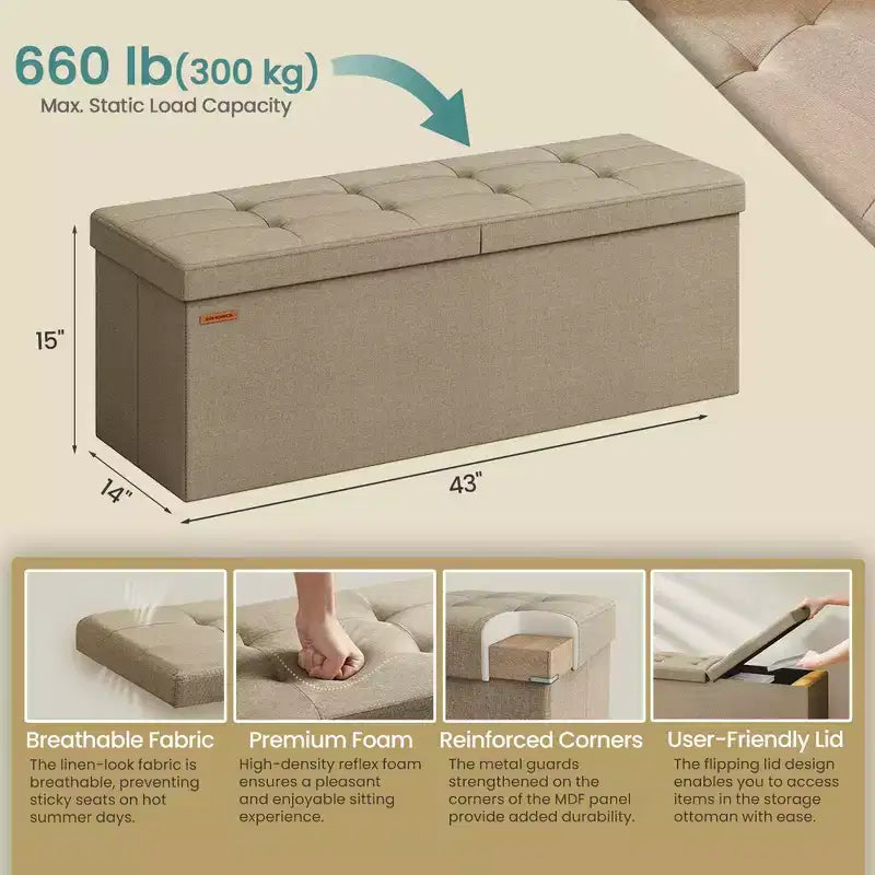 Panca Ottomana Contenitore da 43 pollici, Ottomana con Contenitore, Panca Ottomana, Supporta fino a 300 kg per Soggiorno