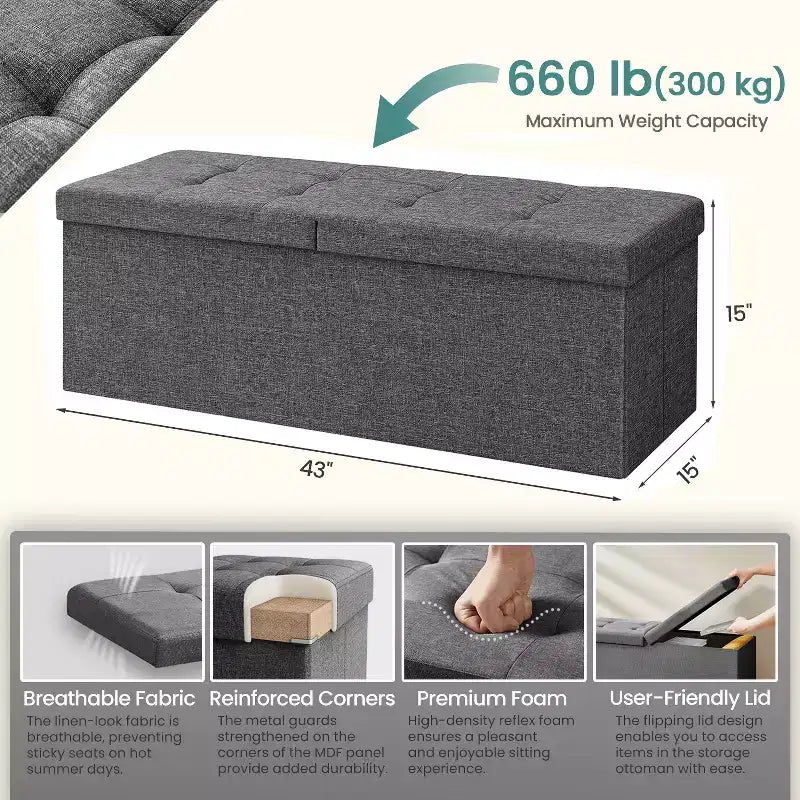 Panca Ottomana Contenitore da 43 pollici, Ottomana con Contenitore, Panca Ottomana, Supporta fino a 300 kg per Soggiorno