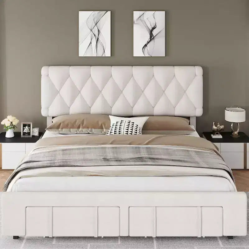 Upholstered Platform Bed Frame with Storage Drawers, Mattress Foundation with Solid Wooden Slats