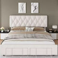Upholstered Platform Bed Frame with Storage Drawers, Mattress Foundation with Solid Wooden Slats