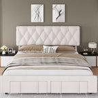 Upholstered Platform Bed Frame with Storage Drawers, Mattress Foundation with Solid Wooden Slats