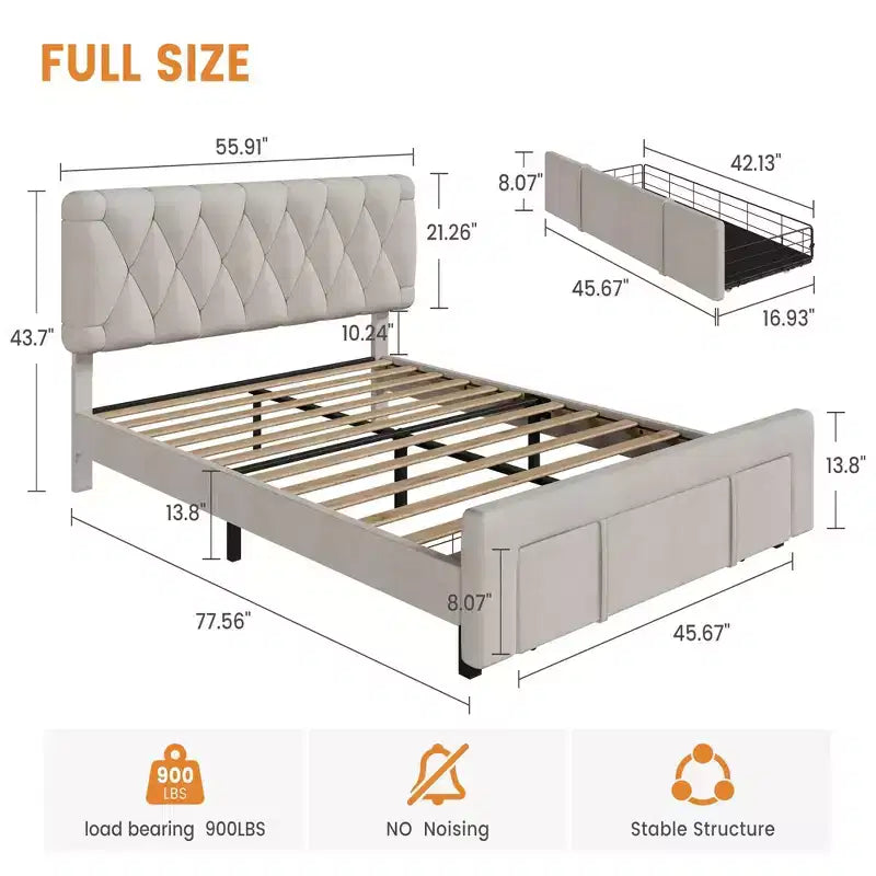 Struttura letto imbottita con cassetti contenitore, base per materasso con solide doghe in legno