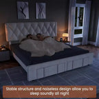 Struttura letto imbottita con cassetti contenitore, base per materasso con solide doghe in legno