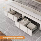 Struttura letto imbottita con cassetti contenitore, base per materasso con solide doghe in legno