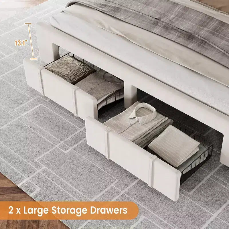 Struttura letto imbottita con cassetti contenitore, base per materasso con solide doghe in legno