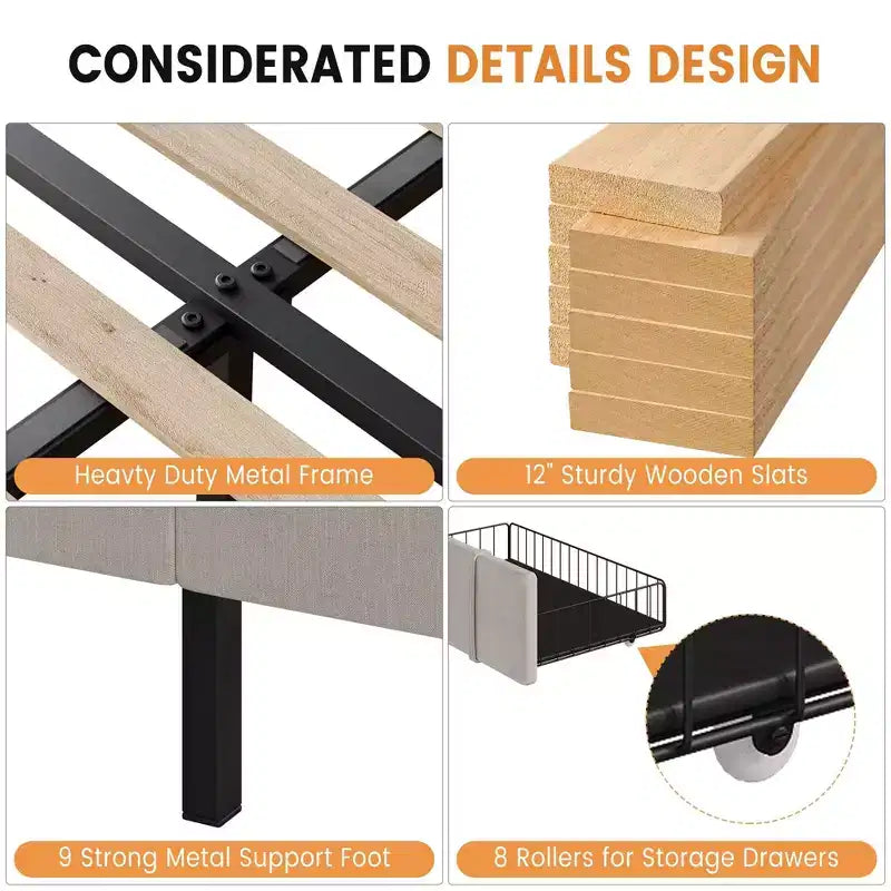 Struttura letto imbottita con cassetti contenitore, base per materasso con solide doghe in legno