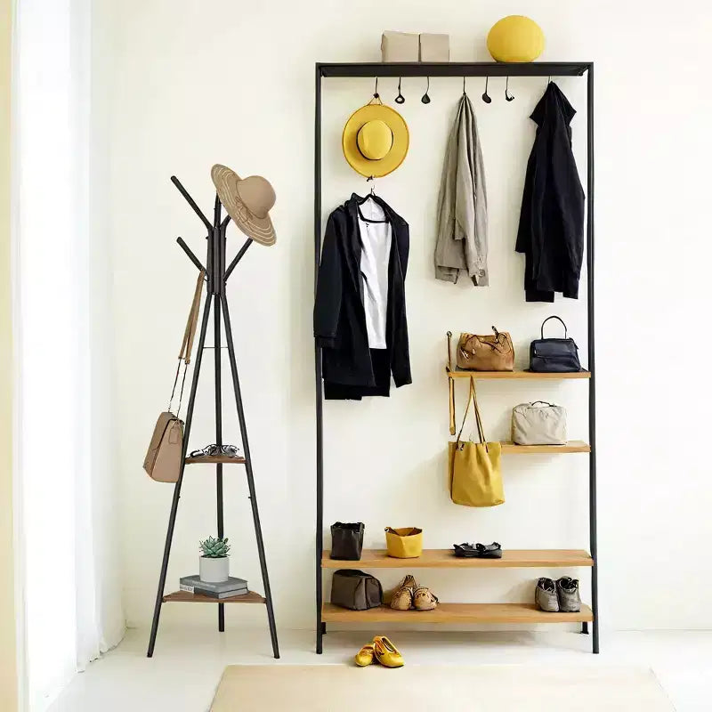 Appendiabiti da terra in stile industriale con 2 ripiani: organizzatore robusto ed elegante per vestiti, cappelli e borse