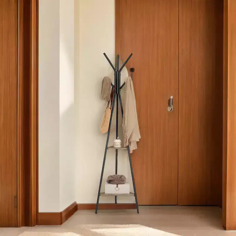 Appendiabiti da terra in stile industriale con 2 ripiani: organizzatore robusto ed elegante per vestiti, cappelli e borse