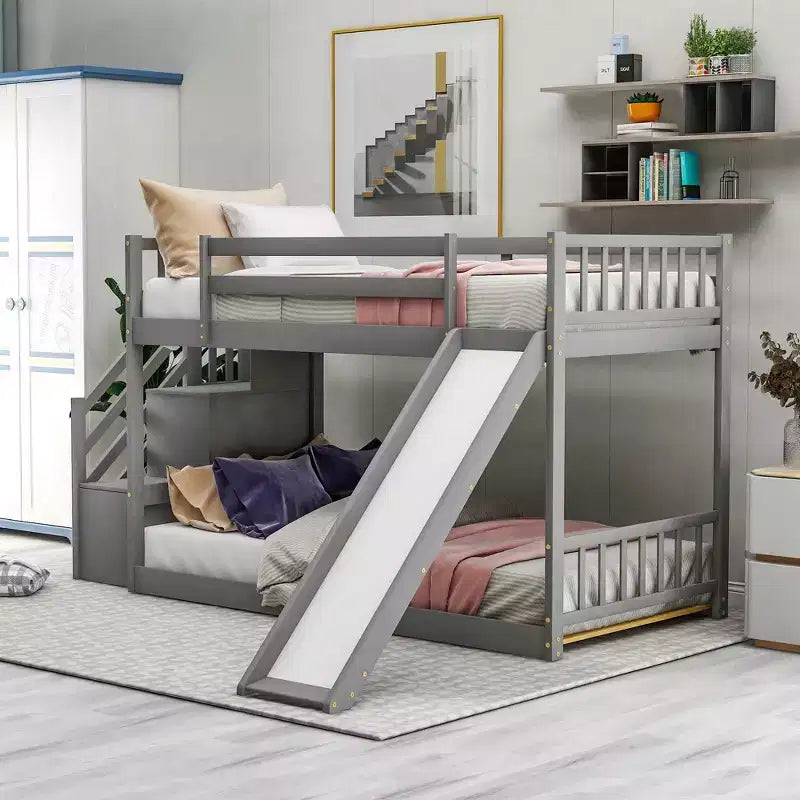 Whisen Wood Twin over Twin Bunk Bed with Convertible Slide and Stairway