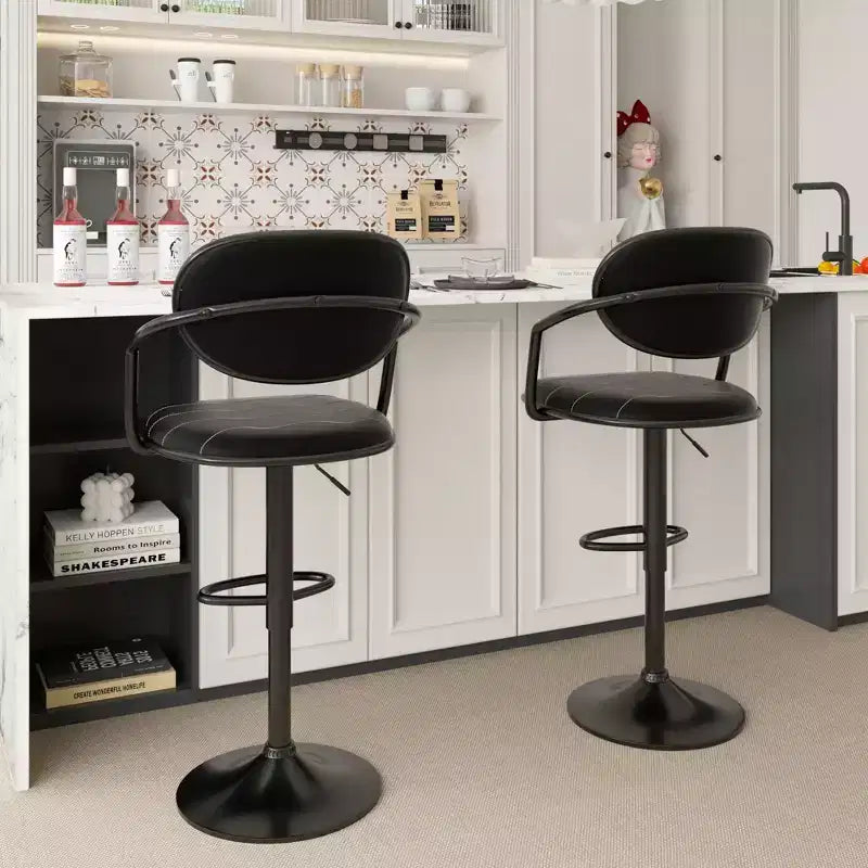 Sgabelli da bar VECELO Set da 2, Sgabelli da bar regolabili in altezza con schienale e braccioli, Sedie da bar girevoli, Sgabelli da cucina in pelle PU, Nero/Bianco