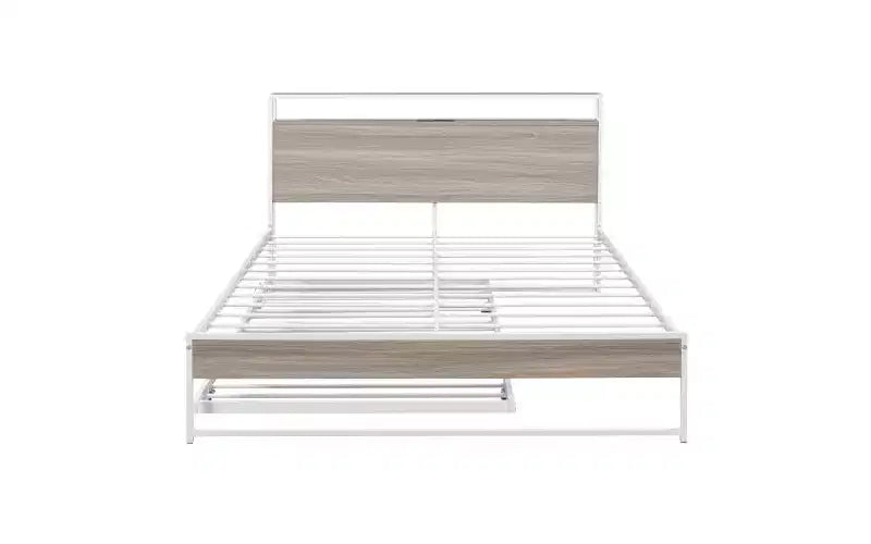 Queen Size Metal Bed Frame with Trundle, Built-in USB Ports, and Slat Support