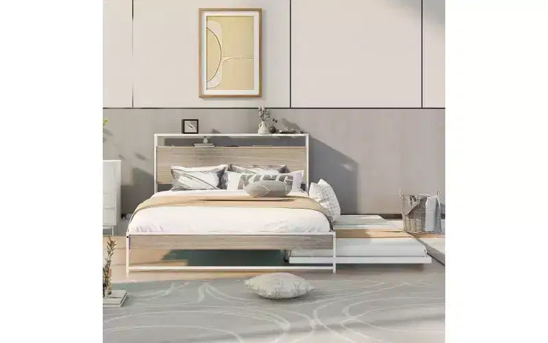 Struttura Letto Matrimoniale in Metallo con Letto Estraibile, Porte USB Integrate e Supporto a Doghe