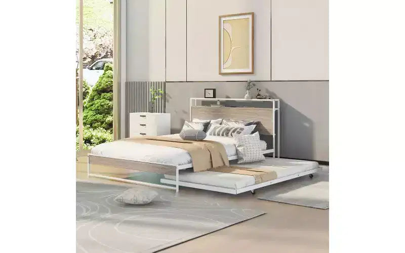 Struttura Letto Matrimoniale in Metallo con Letto Estraibile, Porte USB Integrate e Supporto a Doghe