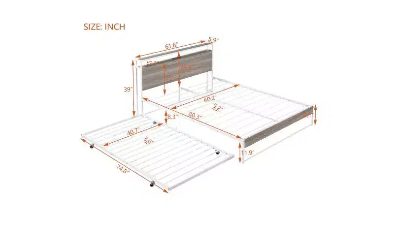 Struttura Letto Matrimoniale in Metallo con Letto Estraibile, Porte USB Integrate e Supporto a Doghe