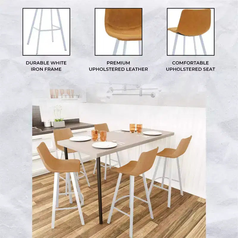 LeisureMod Elland 41 Sgabello da Bar Imbottito in Pelle con Gambe in Ferro - Sgabello Moderno Bianco Base e Poggiapiedi Altezza Bancone per Cucina e Bar, Set di 2