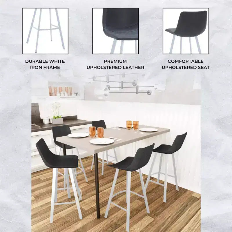 LeisureMod Elland 41 Sgabello da Bar Imbottito in Pelle con Gambe in Ferro - Sgabello Moderno Bianco Base e Poggiapiedi Altezza Bancone per Cucina e Bar, Set di 2
