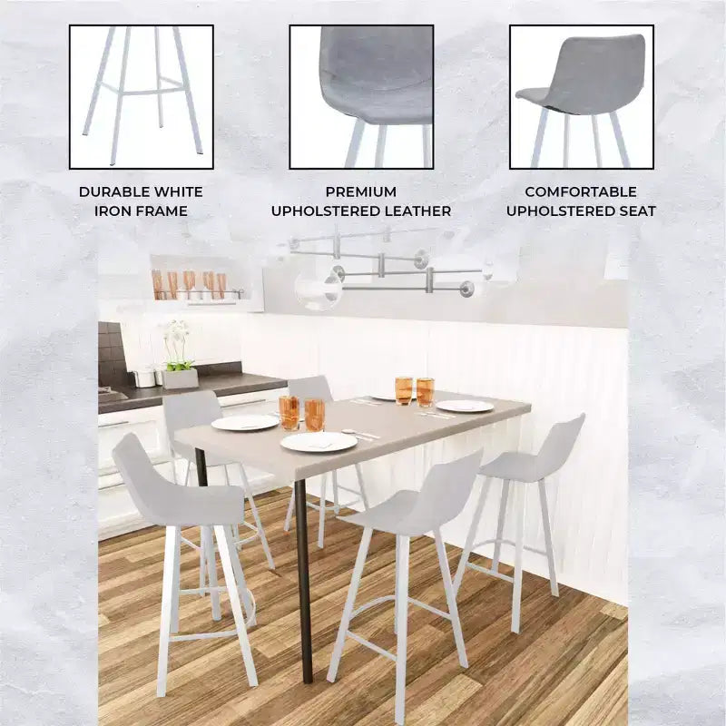 LeisureMod Elland 41 Sgabello da Bar Imbottito in Pelle con Gambe in Ferro - Sgabello Moderno Bianco Base e Poggiapiedi Altezza Bancone per Cucina e Bar, Set di 2