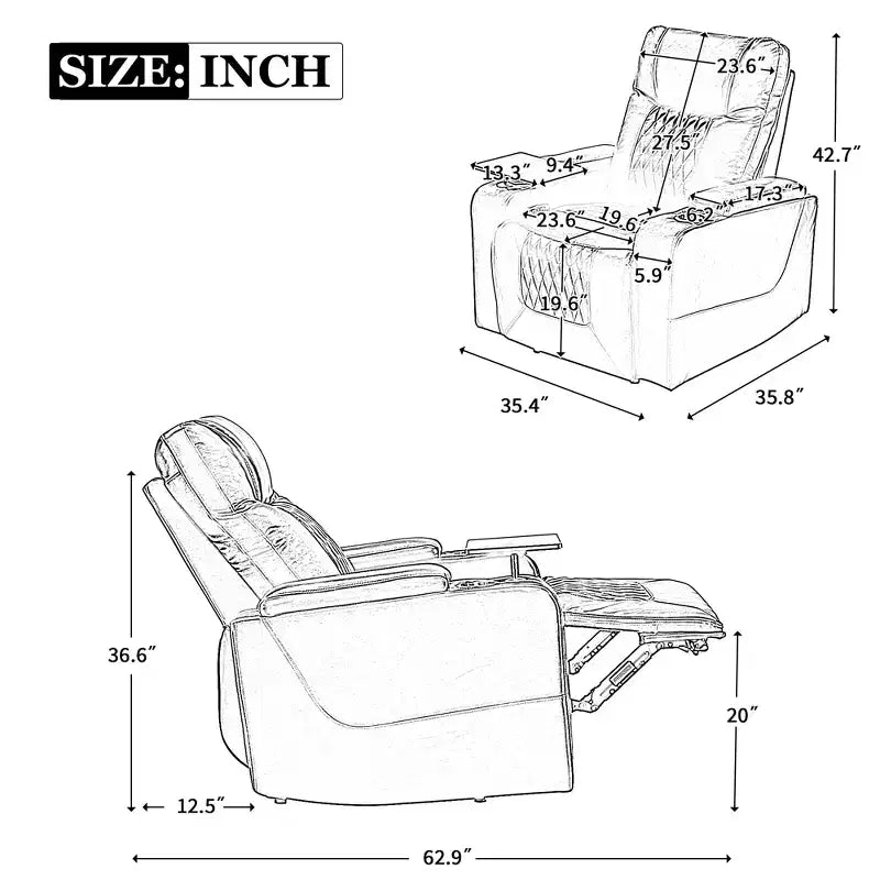 Poltrona reclinabile elettrica Whisen 35.8L x 37.8W x 42.1H con sollevatore, porta di ricarica USB, 2 portabicchieri e tavolino girevole a 360°