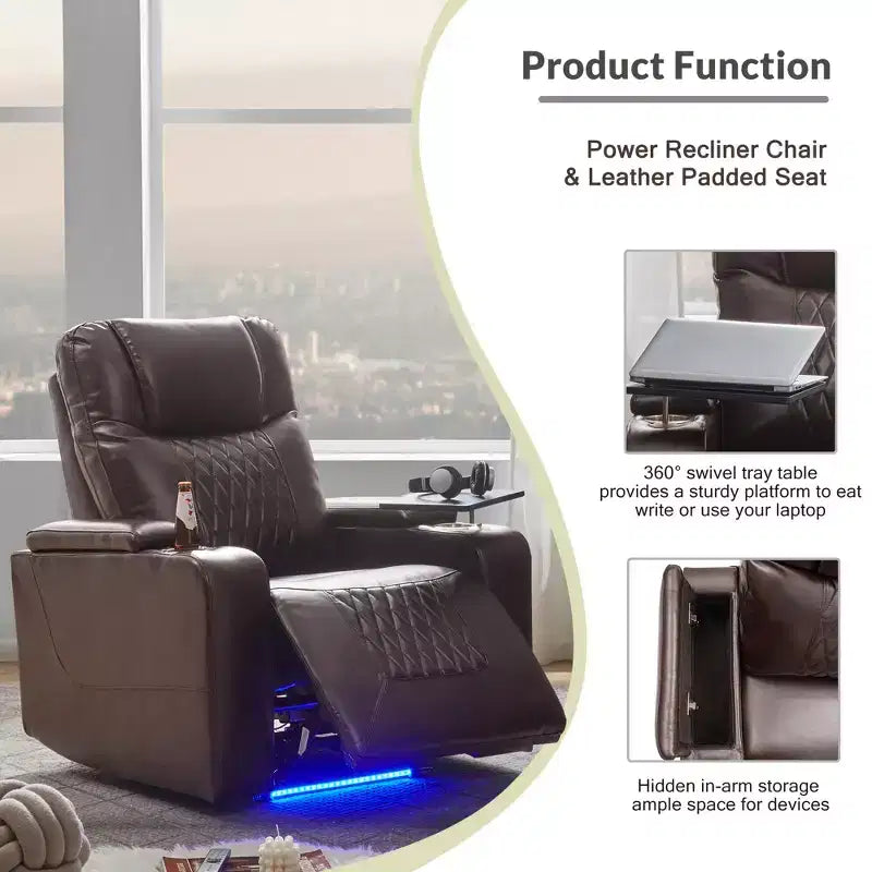 Poltrona reclinabile elettrica Whisen 35.8L x 37.8W x 42.1H con sollevatore, porta di ricarica USB, 2 portabicchieri e tavolino girevole a 360°