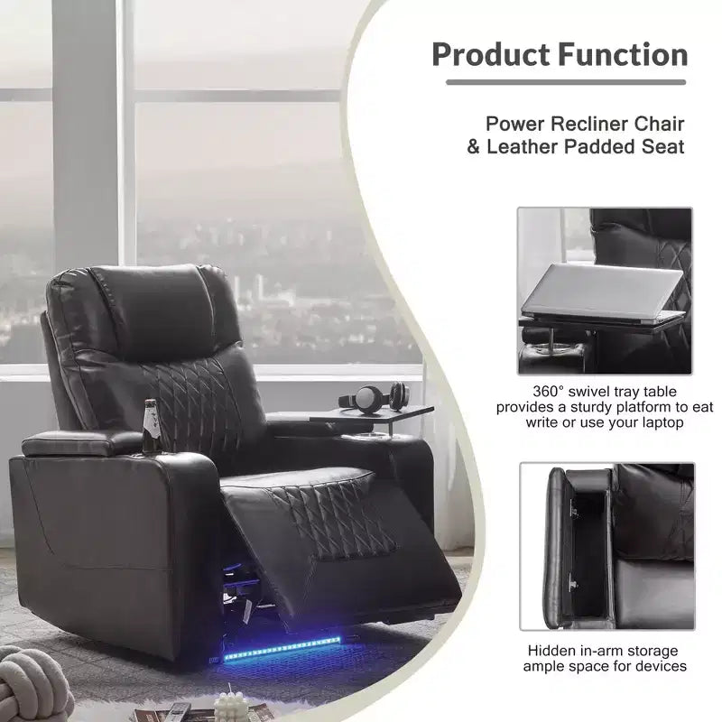 Poltrona reclinabile elettrica Whisen 35.8L x 37.8W x 42.1H con sollevatore, porta di ricarica USB, 2 portabicchieri e tavolino girevole a 360°