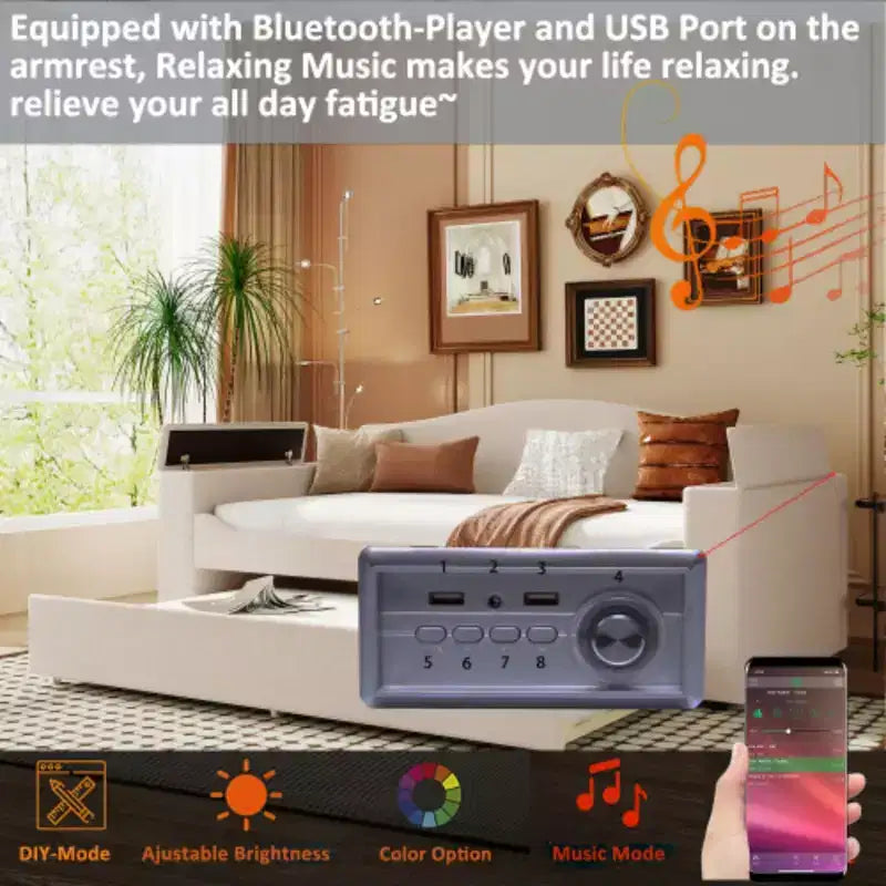 Letto a giorno imbottito Twin Size con braccioli portaoggetti, letto estraibile e sistema audio Bluetooth integrato di ultima generazione, in pile Teddy, beige