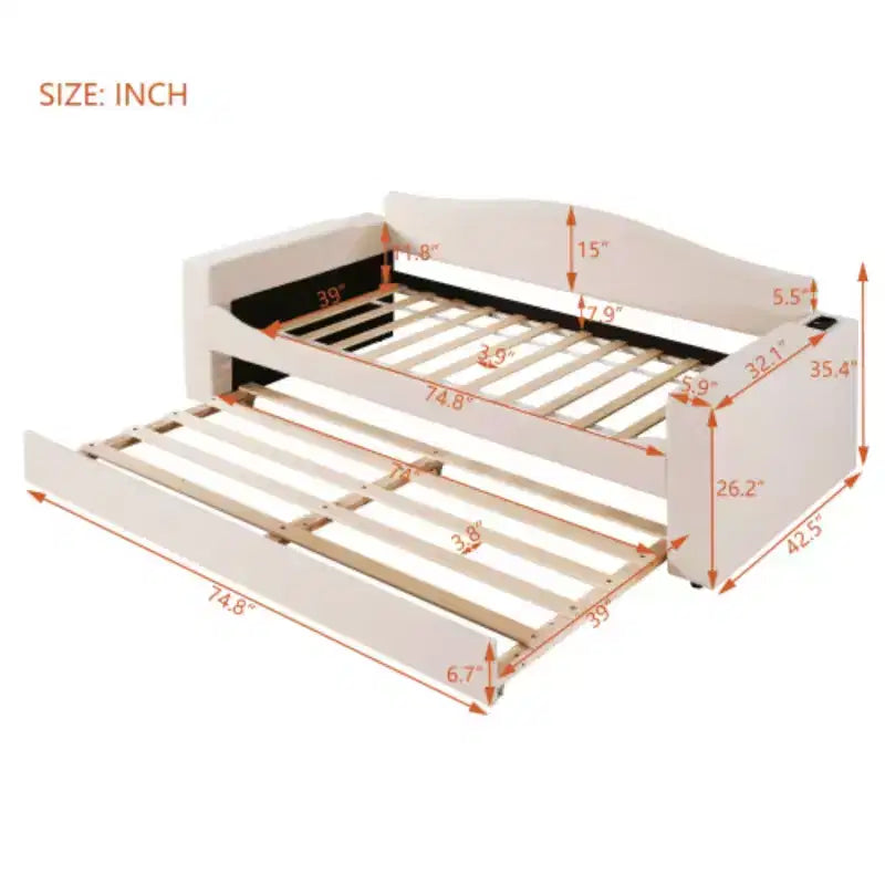 Letto a giorno imbottito Twin Size con braccioli portaoggetti, letto estraibile e sistema audio Bluetooth integrato di ultima generazione, in pile Teddy, beige