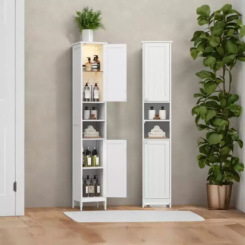 Modern Slim Storage Cabinet with Adjustable Shelves - Tall Freestanding Organizer