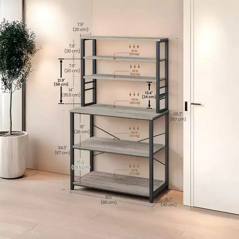 Caffetteria, Scaffale da panettiere da 80 cm per cucina con ripiani, con 6 livelli e 6 ganci, ideale come porta microonde
