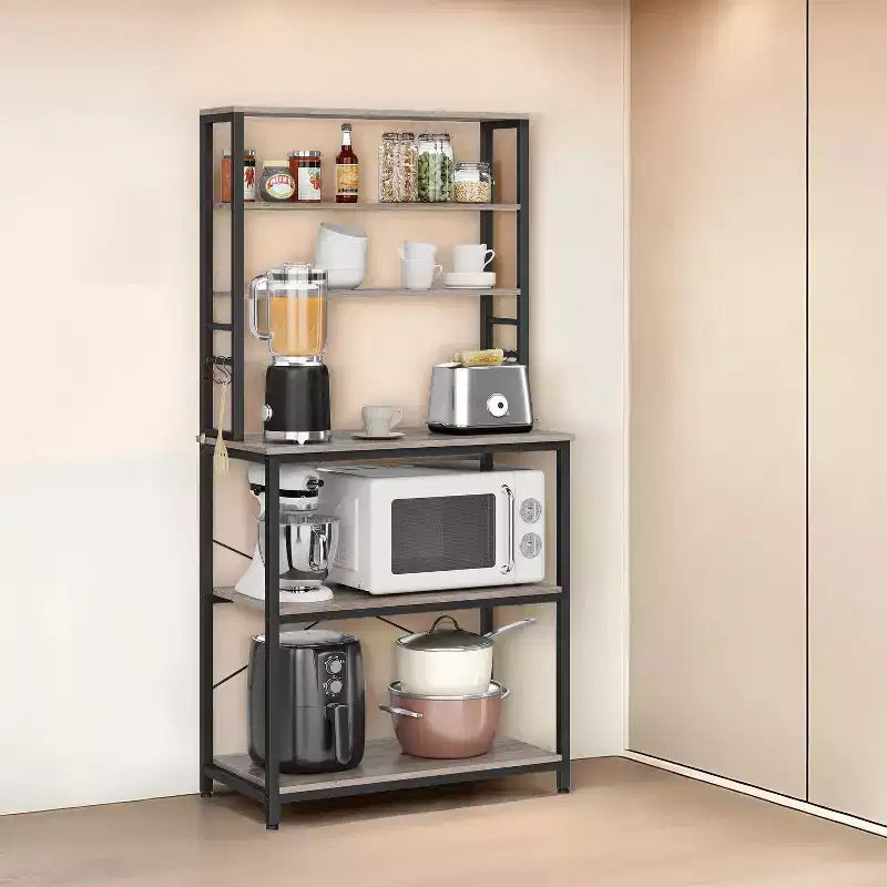 Caffetteria, Scaffale da panettiere da 80 cm per cucina con ripiani, con 6 livelli e 6 ganci, ideale come porta microonde