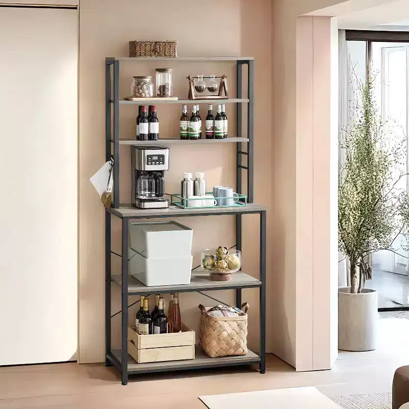 Caffetteria, Scaffale da panettiere da 80 cm per cucina con ripiani, con 6 livelli e 6 ganci, ideale come porta microonde