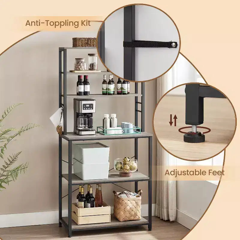 Caffetteria, Scaffale da panettiere da 80 cm per cucina con ripiani, con 6 livelli e 6 ganci, ideale come porta microonde
