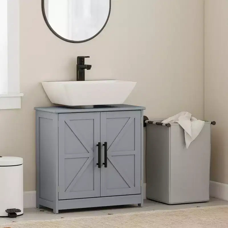 Mobile Lavabo da Appoggio HOMCOM Stile Fattoria, Mobile Bagno Autoportante con 2 Ante Scorrevole e Ripiano Regolabile