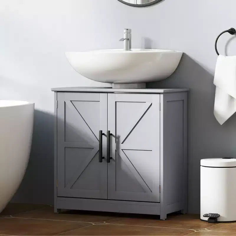 Mobile Lavabo da Appoggio HOMCOM Stile Fattoria, Mobile Bagno Autoportante con 2 Ante Scorrevole e Ripiano Regolabile