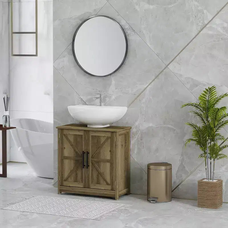 Mobile Lavabo da Appoggio HOMCOM Stile Fattoria, Mobile Bagno Autoportante con 2 Ante Scorrevole e Ripiano Regolabile