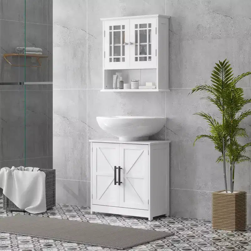 Mobile Lavabo da Appoggio HOMCOM Stile Fattoria, Mobile Bagno Autoportante con 2 Ante Scorrevole e Ripiano Regolabile