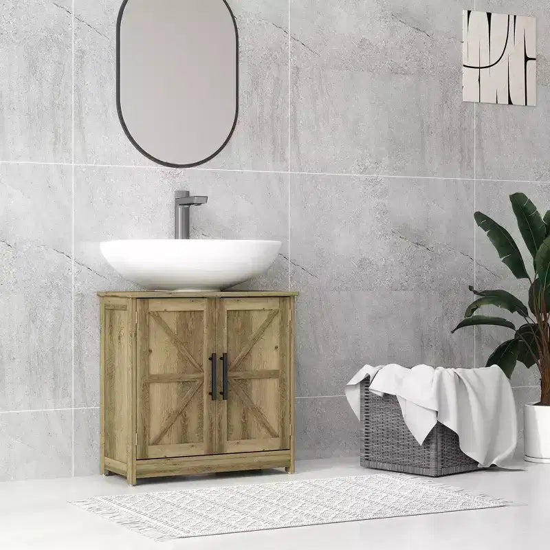 Mobile Lavabo da Appoggio HOMCOM Stile Fattoria, Mobile Bagno Autoportante con 2 Ante Scorrevole e Ripiano Regolabile