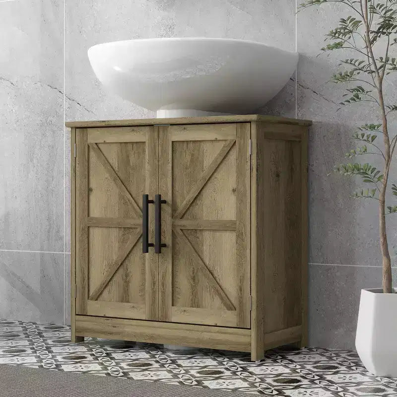 Mobile Lavabo da Appoggio HOMCOM Stile Fattoria, Mobile Bagno Autoportante con 2 Ante Scorrevole e Ripiano Regolabile