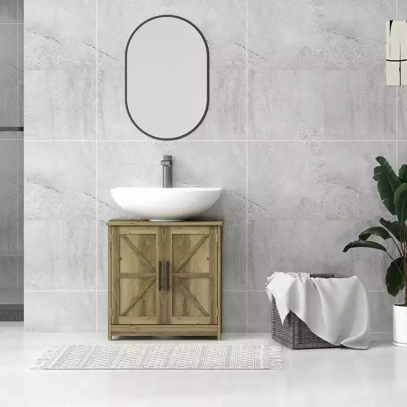 Mobile Lavabo da Appoggio HOMCOM Stile Fattoria, Mobile Bagno Autoportante con 2 Ante Scorrevole e Ripiano Regolabile