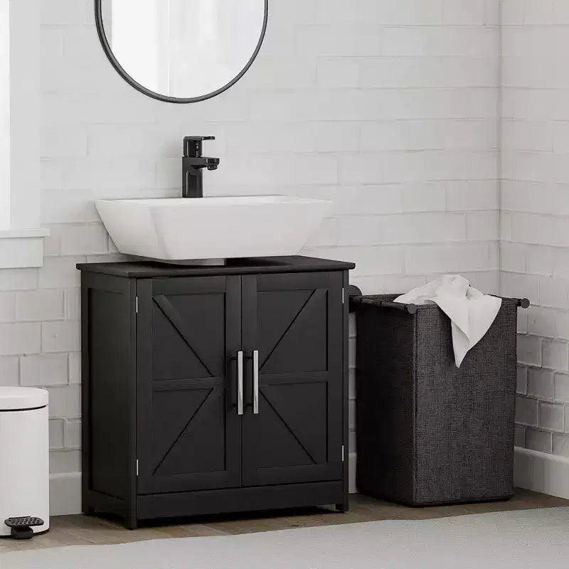 Mobile Lavabo da Appoggio HOMCOM Stile Fattoria, Mobile Bagno Autoportante con 2 Ante Scorrevole e Ripiano Regolabile