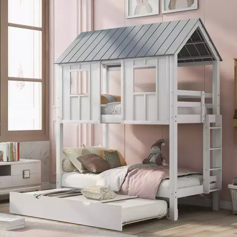 Whisen Elegant House Roof Twin over Twin Bunk Bed with Trundle - White
