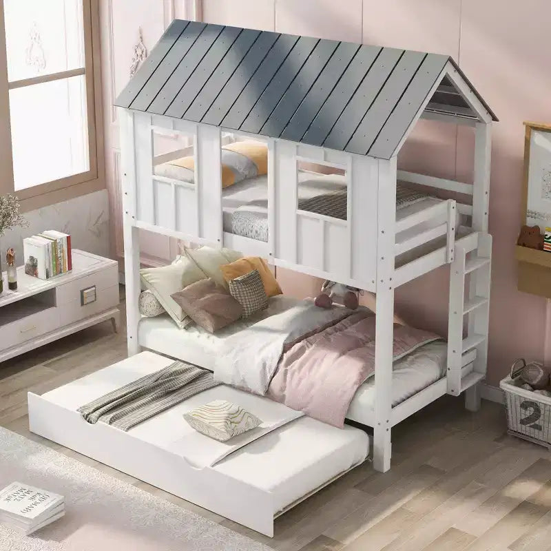 Letto a castello doppio Whisen Elegant House Roof con letto estraibile - Bianco