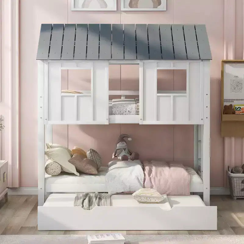 Letto a castello doppio Whisen Elegant House Roof con letto estraibile - Bianco