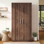 Whisen Rustic Style 2-Doors Wardrobe Storage with Hanging Rods and 3 Storage Shelves