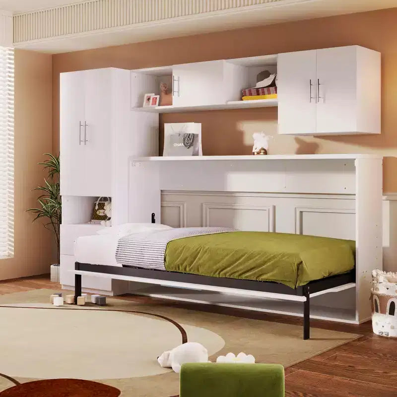 Whisen Modern Design Twin Size Murphy Bed with Built-in Wardrobe, Open Shelves and Storage Drawers - White