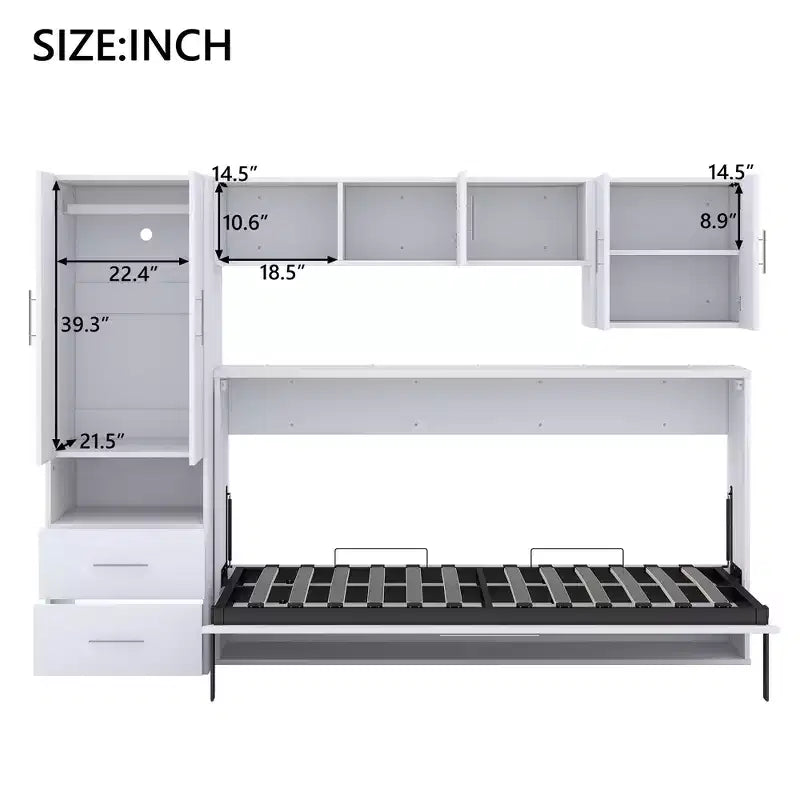 Letto a scomparsa Whisen Modern Design con armadio a muro, ripiani aperti e cassetti portaoggetti - Bianco