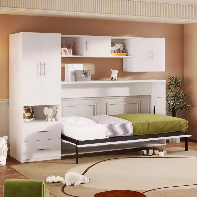 Letto a scomparsa Whisen Modern Design con armadio a muro, ripiani aperti e cassetti portaoggetti - Bianco